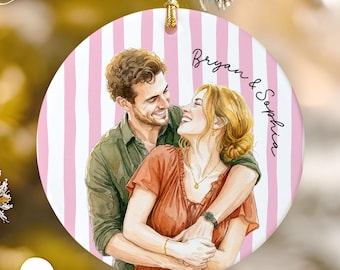 Custom Engaged Couple Portrait & Name Photo Watercolor, Engagement Ornament, Engagement Gifts, First Christmas Married Ornament, Newlywed