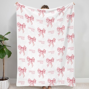 Custom Name Blanket For Her, Coquette Bow Blanket, Personalized Pink Bow Baby Blanket, Coquette Aesthetic Gift, Girly Blanket,Pink Bow Decor
