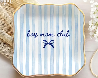 Blue Stripe Boy Mom Club Jewelry Dish, Ceramic Trinket Tray Gift for Mom, New Mom Gift, Expecting Mom, Mother's Day Gifts