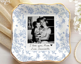 Personalized Toile De Jouy Photo Jewelry Dish, Ceramic Trinket Tray Gift for Mom, Mothers Day Gift, Birthday Ring Dish Gift from Daughter