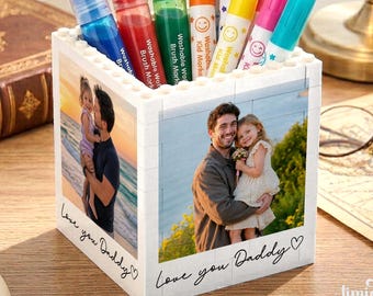 Personalized Photo Building Block Pen Holder, Fathers Day Gift for Husband, Bricks Puzzle Gift from Kids, New Dad Gift, Family Keepsake