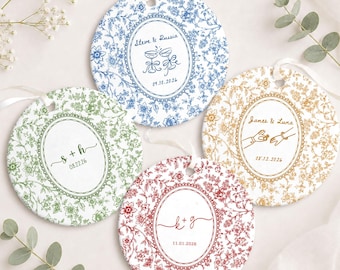 Custom Engagement Ornament: Ceramic Ornament Gift for Couple, Wedding Christmas Ornament, Engagement Gift for Bride, Dish Toile De Jouy