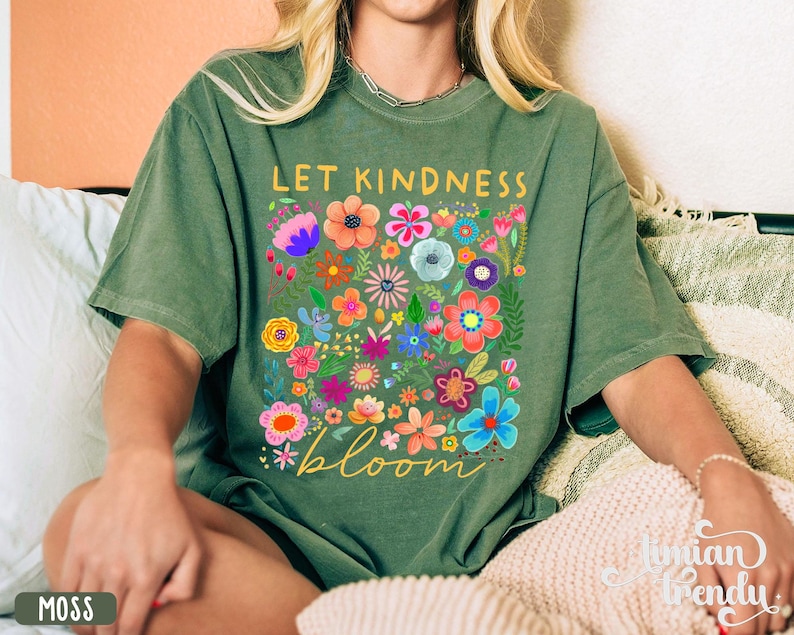 Camiseta "Deja que la bondad florezca", camiseta retro con flores para mujer, sudadera para educación especial, camiseta inspiradora para mujer, camiseta estética floral con bondad. imagen 2