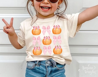 Coquette Bow Girls Fall Shirt, Fall Shirt for Toddler, Coquette Toddler Pumpkin Sweatshirt, Kids Spooky Season Tee, Pumpkin Coquette Bow Tee