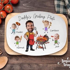 Personalized Face Grilling Platter, Custom Daddy's Grilling Plate with Kids' Names, Father's Day Gift from Grandkids, Funny Gift for Dad 10"x14" Platter