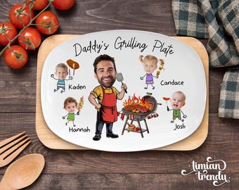 Personalized Face Grilling Platter, Custom Daddy's Grilling Plate with Kids' Names, Father's Day Gift from Grandkids, Funny Gift for Dad