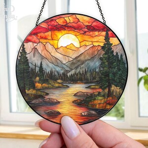 Mountain Range Stained Glass Suncatcher, Nature Suncatcher For Window Hanging, Stained Glass Window Home Decor, Sunrise Sunset Suncatcher image 2