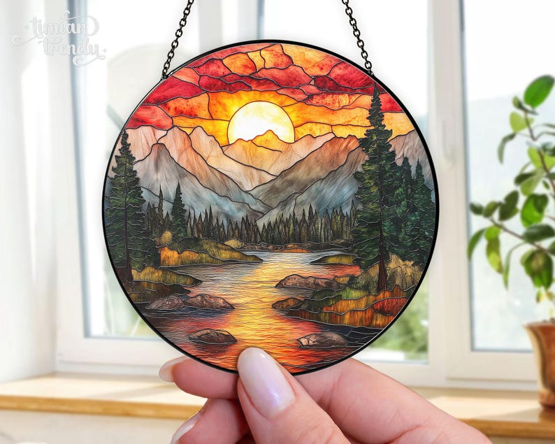 Mountain Range Stained Glass Suncatcher, Nature Suncatcher For Window Hanging, Stained Glass Window Home Decor, Sunrise Sunset Suncatcher image 2