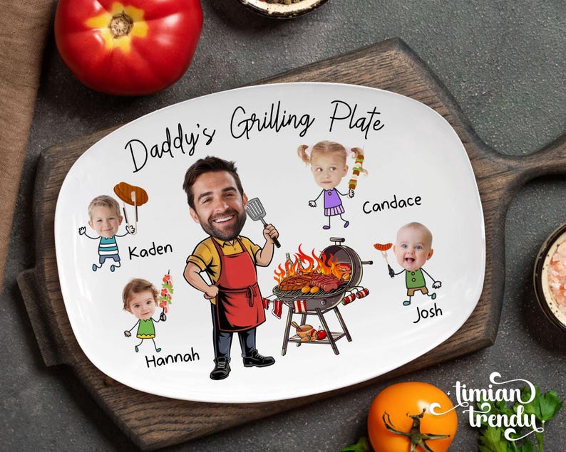 Personalized Face Grilling Platter, Custom Daddy's Grilling Plate with Kids' Names, Father's Day Gift from Grandkids, Funny Gift for Dad image 3