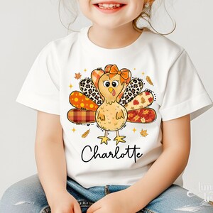 Thanksgiving Girls Shirt, Custom Turkey Thanksgiving Shirt for Kids, Cute Turkey Thanksgiving Toddler Shirt, Coquette Bow Girly Turkey Shirt image 2