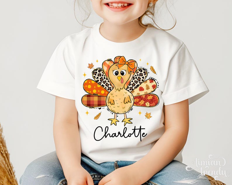 Thanksgiving Girls Shirt, Custom Turkey Thanksgiving Shirt for Kids, Cute Turkey Thanksgiving Toddler Shirt, Coquette Bow Girly Turkey Shirt image 2