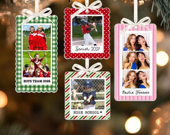 May include: Four hanging rectangular and square ornaments with scalloped or straight edges, each featuring photo collages and white ribbon bows. Text includes BOYS TEAM 2026, Senior 2027, HIGH SCHOOL, and Bestie Forever. Designs feature green gingham, red polka dots, and pink stripes.