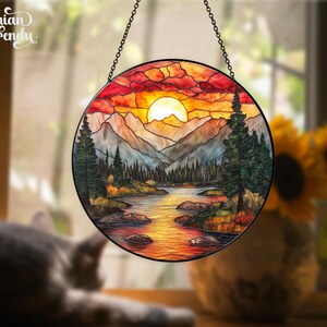 Mountain Range Stained Glass Suncatcher, Nature Suncatcher For Window Hanging, Stained Glass Window Home Decor, Sunrise Sunset Suncatcher image 8