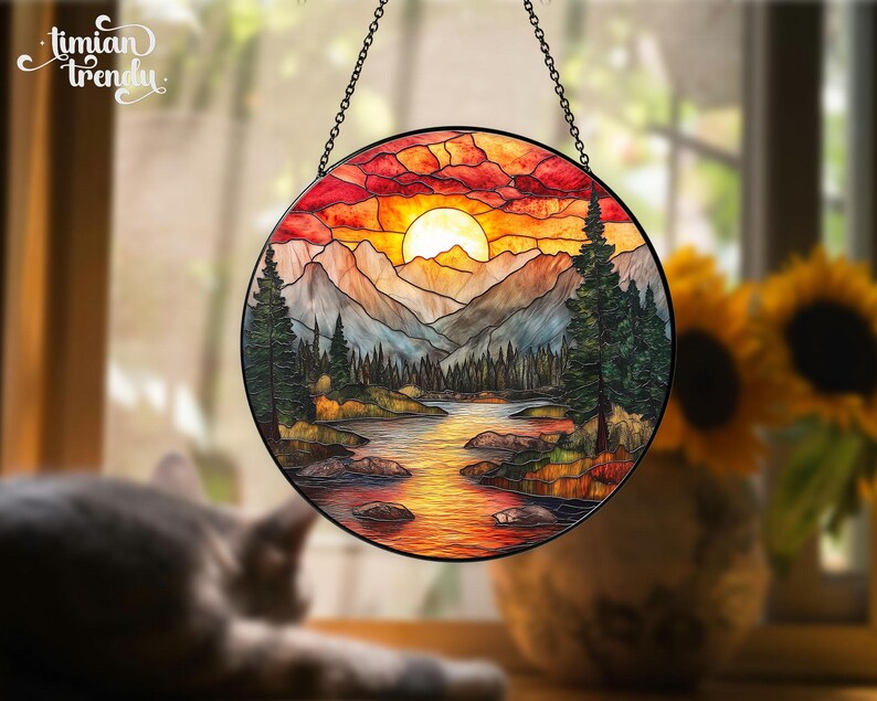 Mountain Range Stained Glass Suncatcher, Nature Suncatcher For Window Hanging, Stained Glass Window Home Decor, Sunrise Sunset Suncatcher image 8