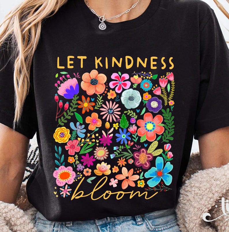 Camiseta "Deja que la bondad florezca", camiseta retro con flores para mujer, sudadera para educación especial, camiseta inspiradora para mujer, camiseta estética floral con bondad. imagen 1