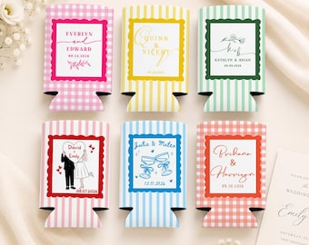 Personalized Wedding Can Coolers for Guests, Bridal Shower Drink Sleeve, Striped Wedding Party Favor, Engagement Party Decor