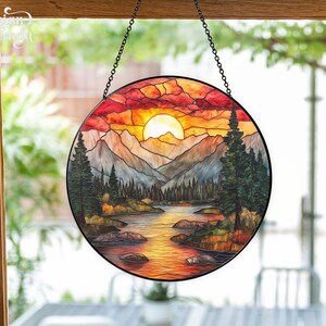 Mountain Range Stained Glass Suncatcher, Nature Suncatcher For Window Hanging, Stained Glass Window Home Decor, Sunrise Sunset Suncatcher image 5