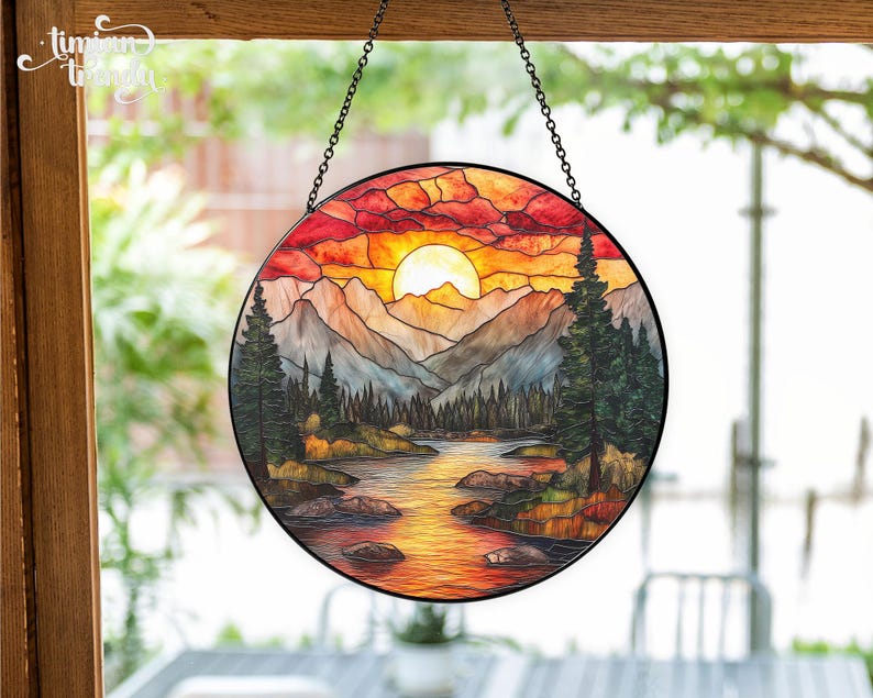 Mountain Range Stained Glass Suncatcher, Nature Suncatcher For Window Hanging, Stained Glass Window Home Decor, Sunrise Sunset Suncatcher image 5