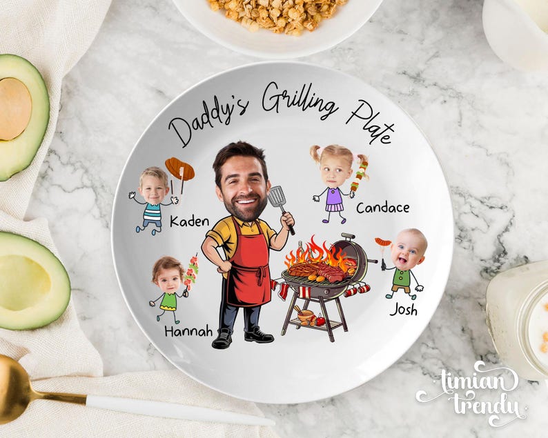 Personalized Face Grilling Platter, Custom Daddy's Grilling Plate with Kids' Names, Father's Day Gift from Grandkids, Funny Gift for Dad 10"x10" Plate