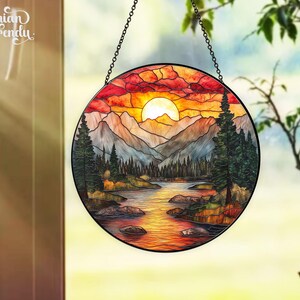 Mountain Range Stained Glass Suncatcher, Nature Suncatcher For Window Hanging, Stained Glass Window Home Decor, Sunrise Sunset Suncatcher image 3