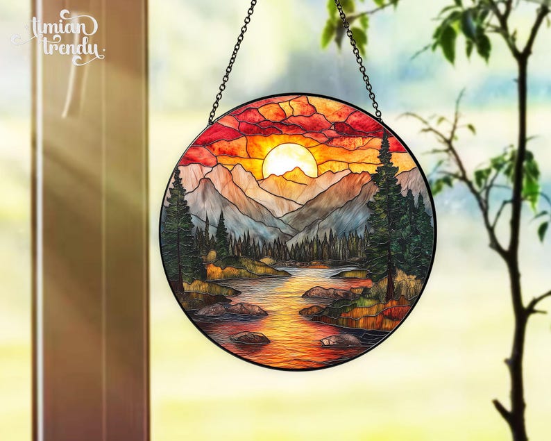 Mountain Range Stained Glass Suncatcher, Nature Suncatcher For Window Hanging, Stained Glass Window Home Decor, Sunrise Sunset Suncatcher image 3