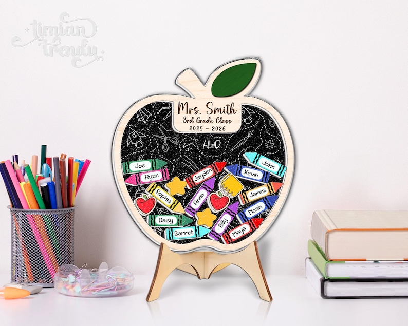 May include: Wooden apple-shaped classroom sign with a chalkboard interior, featuring student names on crayon-shaped tags. The sign includes the text "Mrs. Smith 3rd Grade Class 2025-2026 H2O". It is supported by a wooden stand.
