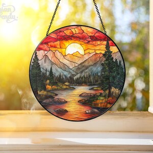 Mountain Range Stained Glass Suncatcher, Nature Suncatcher For Window Hanging, Stained Glass Window Home Decor, Sunrise Sunset Suncatcher image 4