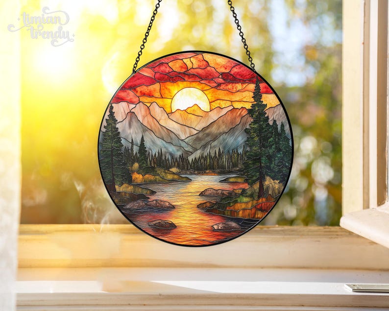 Mountain Range Stained Glass Suncatcher, Nature Suncatcher For Window Hanging, Stained Glass Window Home Decor, Sunrise Sunset Suncatcher image 4