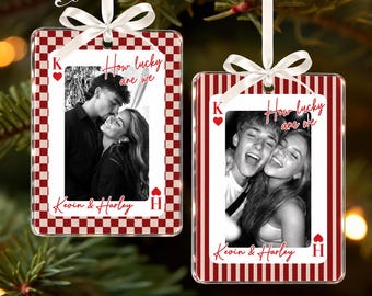 Personalized Striped Playing Card Couple Ornament, Custom Acrylic Couple Photo Ornament, Anniversary Gift, Couples Christmas Decor Gift