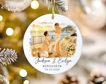 Custom Engagement Ornament, Custom Engaged Couple Portrait Photo Watercolor, Gift for Newly Engaged Couple, Engagement Gifts
