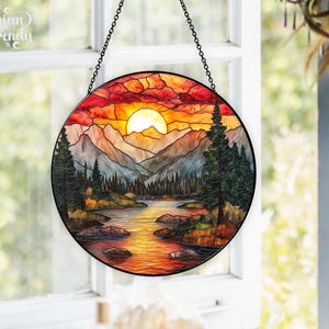 Mountain Range Stained Glass Suncatcher, Nature Suncatcher For Window Hanging, Stained Glass Window Home Decor, Sunrise Sunset Suncatcher image 6