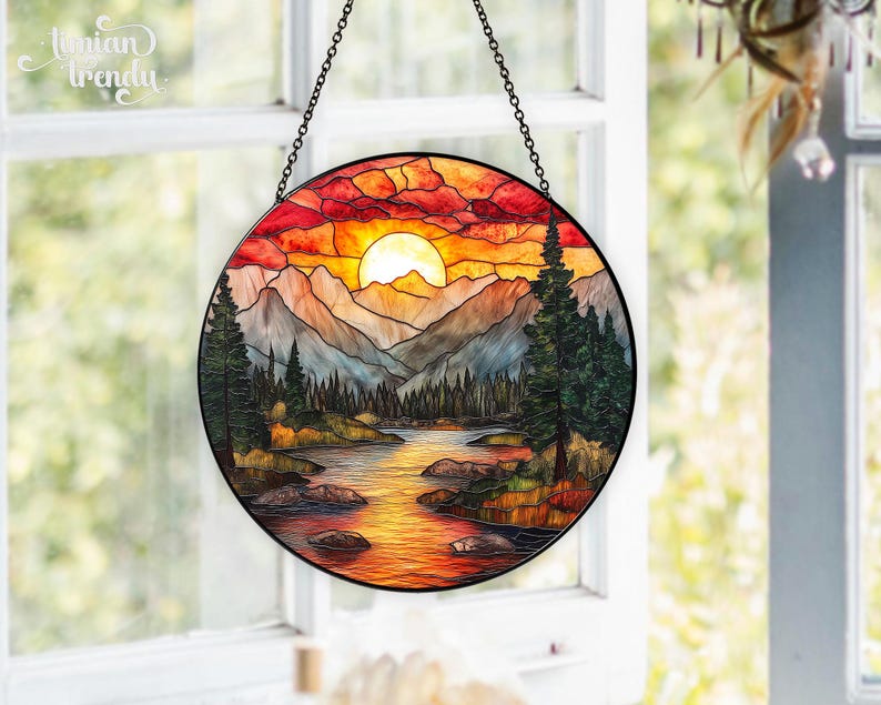 Mountain Range Stained Glass Suncatcher, Nature Suncatcher For Window Hanging, Stained Glass Window Home Decor, Sunrise Sunset Suncatcher image 6