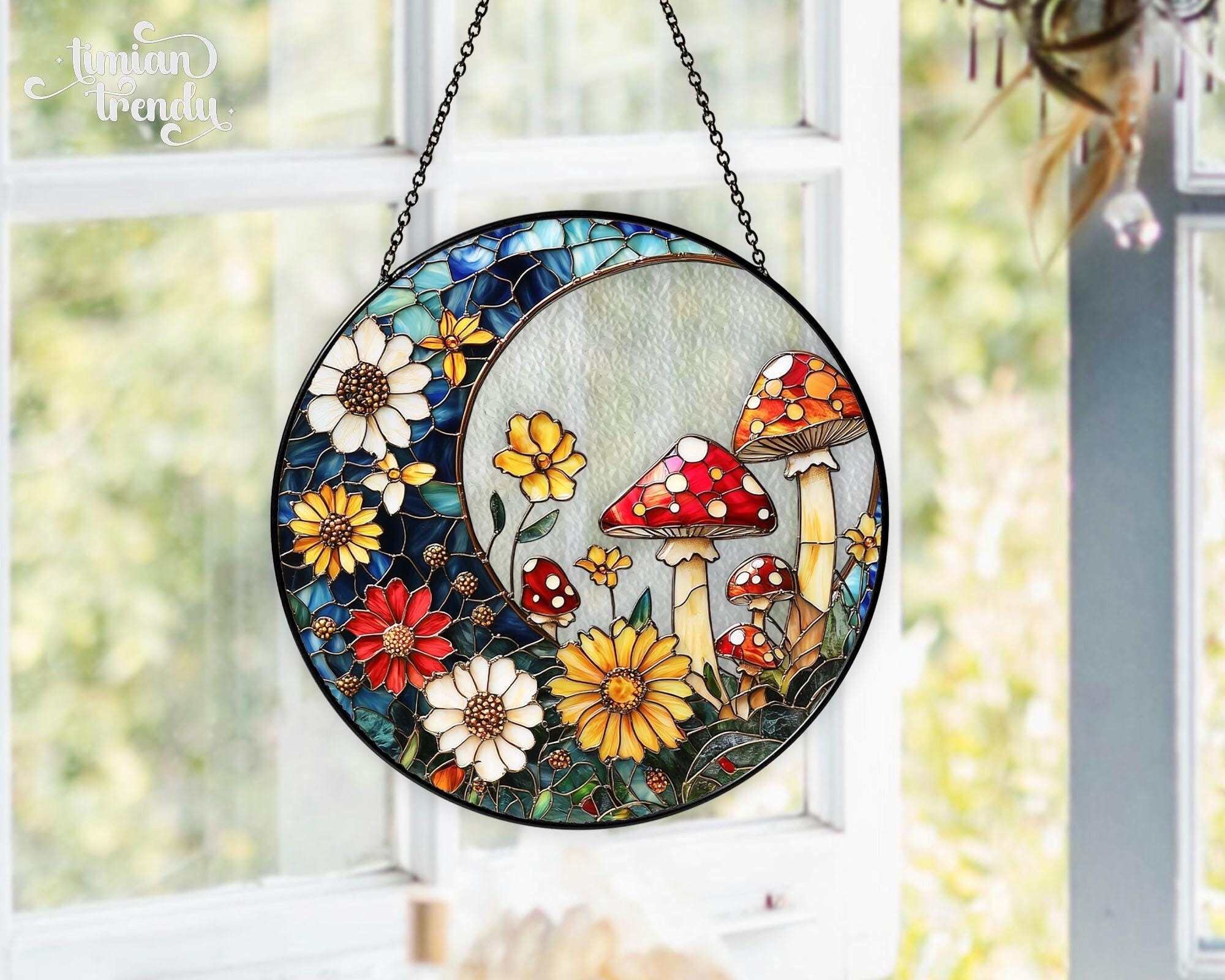 Mushroom Suncatcher, Stained Glass Mushrooms Cottagecore Home Decor, Fly Mushroom Moon Window Hanging Art, Birthday Gift For Her Mom Grandma