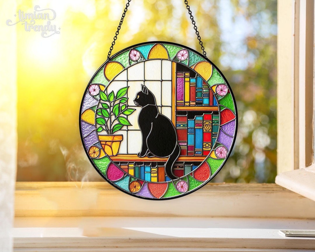 Black Cat Stained Glass Suncatcher, Stained Glass Window Hangings, Book ...