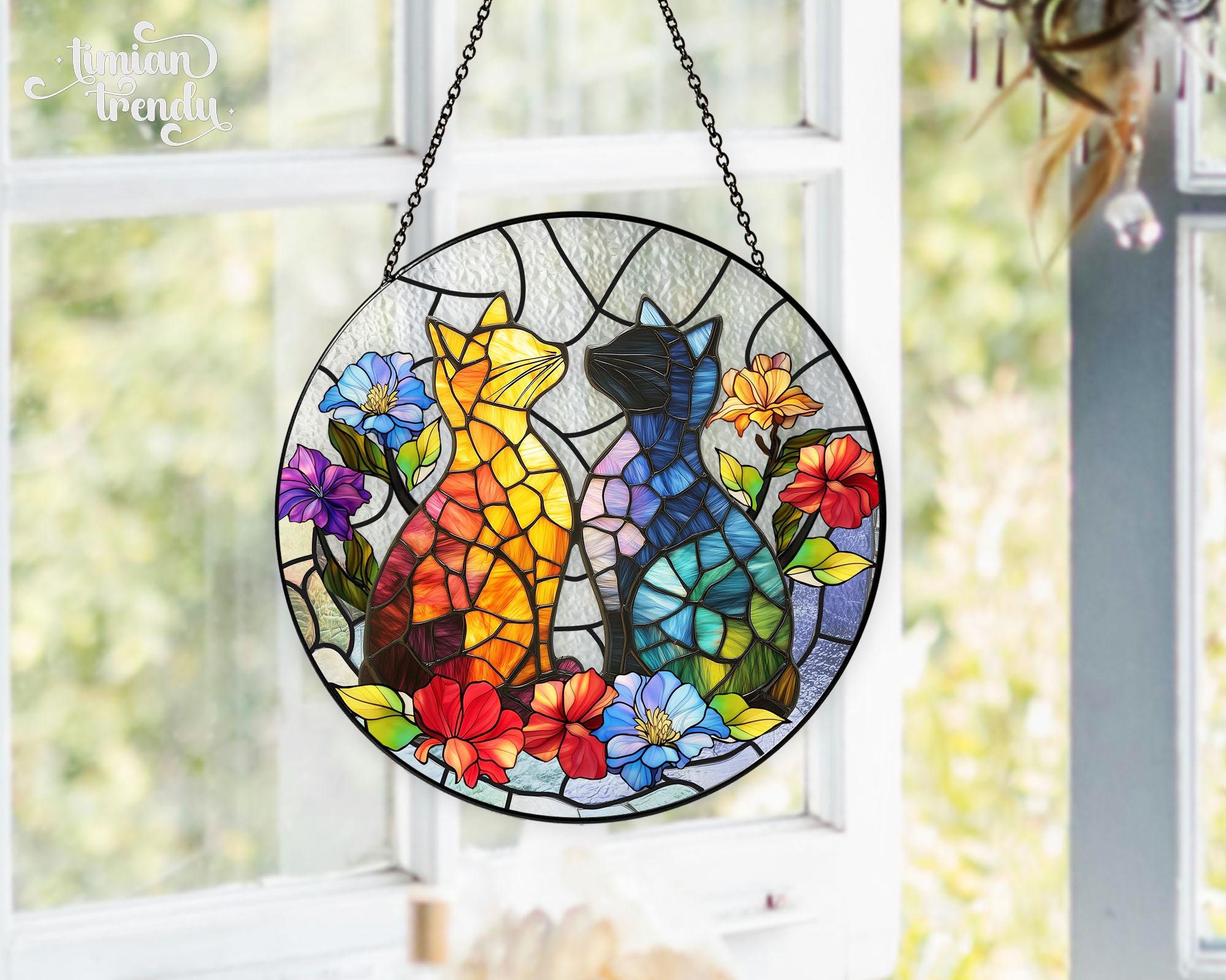 Personalized Cat Stained Glass Suncatcher, Indoor Home Decor, Wildflowers Window Hanging, Gifts for Women, Gift For Cat Lover, Cat Mom Gift