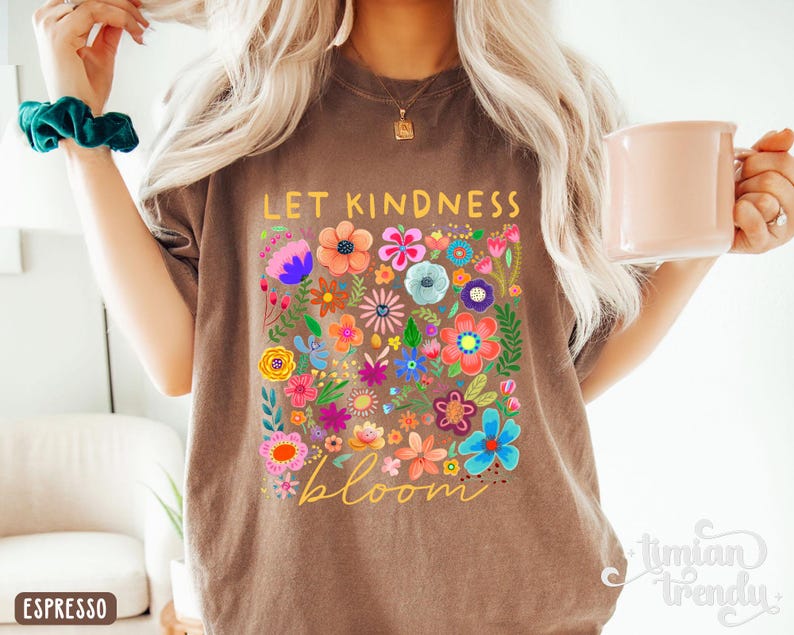 Camiseta "Deja que la bondad florezca", camiseta retro con flores para mujer, sudadera para educación especial, camiseta inspiradora para mujer, camiseta estética floral con bondad. imagen 4
