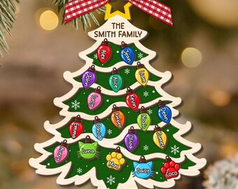 Personalized Family Tree Christmas Ornament, Large Family Wooden Ornament, Family Names Ornament, Lightbulb Family Keepsake, Christmas Gifts