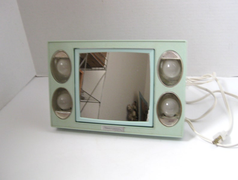 Vintage Turquoise Makeup Lighted Mirror Vanity Go Lightly Petite