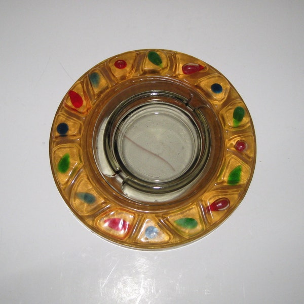 Retro Lucite Yellow Gold Ring Shaped Ashtray With Colorful Embeds