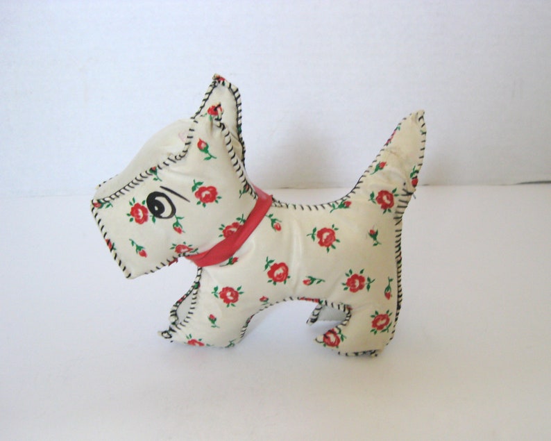 Mid Century Stuffed Vinyl Leatherette Style Hand Stitched Scottie Dog Toy
