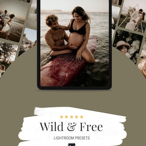以下が含まれることがあります： サーフボードに乗ったカップル、白いドレスを着た女性、麦わら帽子をかぶった女性の画像のコラージュが表示されたデジタルタブレット。画面には「Wild & Free Lightroom Presets Golden Pack」というテキストが表示されています。