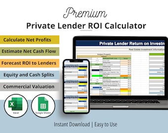May include: A digital product for private lenders to calculate return on investment (ROI) for real estate projects. The product is available in both Excel and Google Sheets formats. The image shows a laptop and a smartphone displaying the spreadsheet with the title "Private Lender Return on Investment".