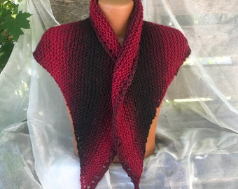 Handknit Triangle Shawl in Black & Cranberry red.
