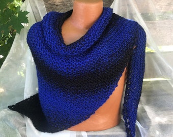 Handknit Triangle Shawl in Black & Royal.