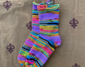 HandKnit Socks in ‘Rainbow Bright’ 1 pair U.S. (unisex) sized 7-9