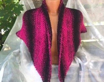 Handknit Triangle Shawl in Black & Hot pink.