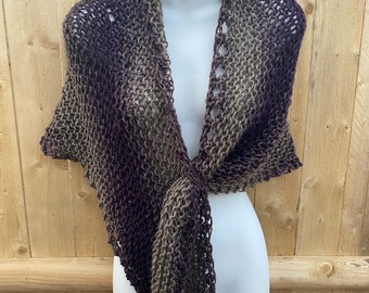 Handknit Triangle Shawl in Eggplant and Taupe NEW for 2023