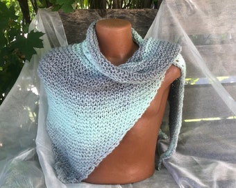 Handknit Triangle Shawl in Mint & Silver.