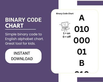 Tabella del codice binario stampabile. Impara l'alfabeto binario per bambini. Tabella di decodifica del codice binario. Programmazione divertente stampabile per bambini. Programmazione semplificata.
