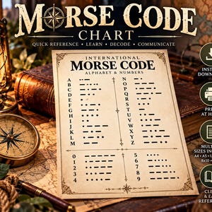 Könnte beinhalten: Eine beige Papierkarte mit dem Titel International Morse Code Alphabet & Numbers, die schwarzen Text sowie Punkte und Striche für die Buchstaben A bis Z und die Zahlen 0 bis 9 zeigt. Die Karte hat dekorative Ecken und eine vertikale Trennlinie.